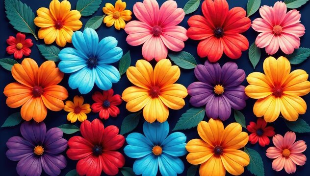 Bold, stylized blooms arranged in a tessellated square lattice , stylish, graphic