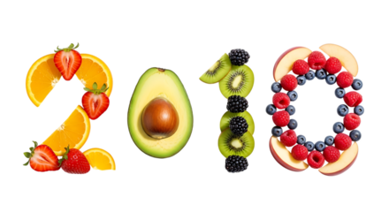 Year 2010 formed with fresh fruits and avocado on black background new year isolated on a transparent background