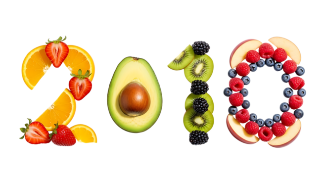 Year 2010 formed with fresh fruits and avocado on black background new year isolated on a transparent background