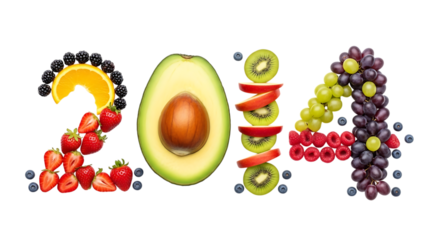 Year 2014 Composed of Fresh Fruits and Vegetables on a Black Background number isolated on a transparent background