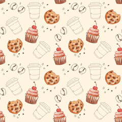 Cute seamless pattern of cupcake, cookies, and coffee cup. Suitable for print, and packaging.