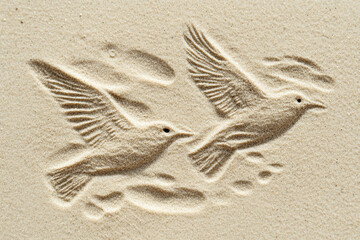 Bird tracks weaving delicate designs over smooth sand ripples