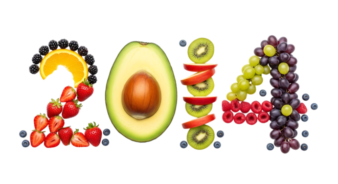 Year 2014 Composed of Fresh Fruits and Vegetables on a Black Background number isolated on a transparent background
