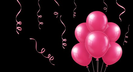 Bunch of pink balloons and ribbons on black background