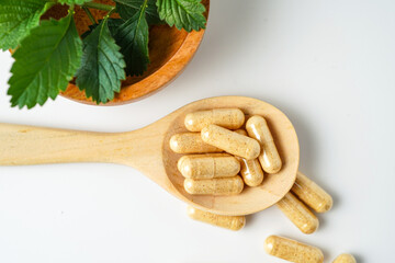 Alternative medicine herbal organic capsule vitamin E omega 3 fish oil drug herbs leaf natural