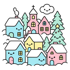 Fototapeta premium Cute kawaii snowy town in Christmas style with colorful houses and trees