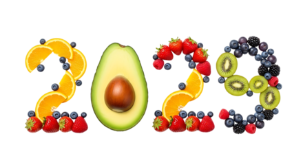 Year 2029 Formed by Fresh Fruits and Vegetables on Black Background new year isolated on a transparent background