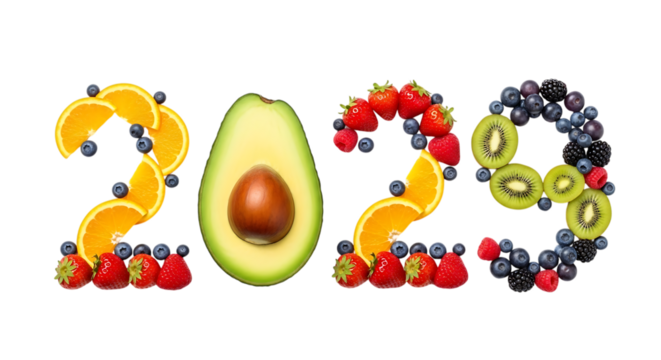 Year 2029 Formed by Fresh Fruits and Vegetables on Black Background new year isolated on a transparent background