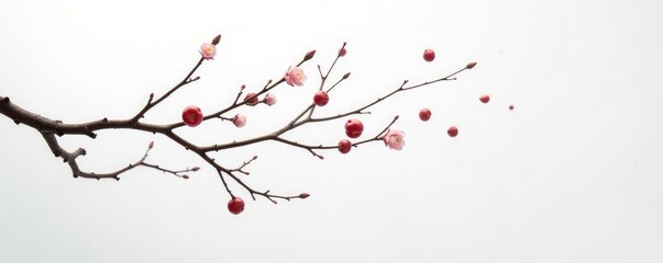 Delicate twigs suspended in mid-air against a stark white canvas, elegance, abstract
