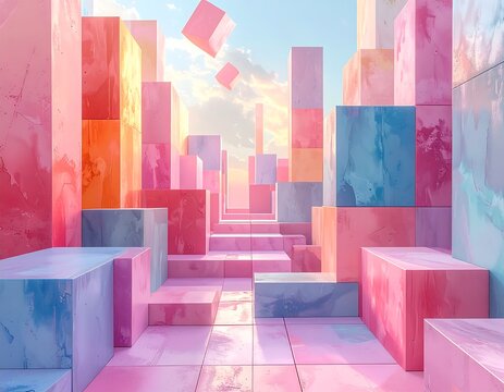 Rendered geometric shapes in various pastel hues form an abstract perspective