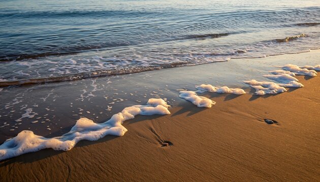 Golden Hour Sunlight Illuminates Foamy Ocean Waves on a Sandy Beach Shore