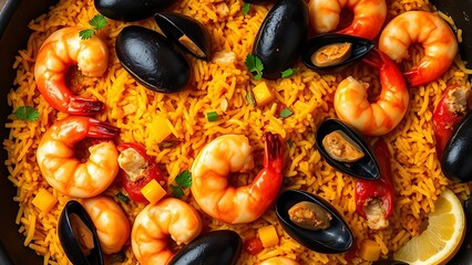 Spanish seafood paella with shrimp and mussels, vibrant overhead shot.