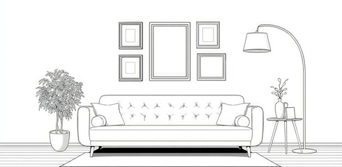 Elegant living room with tufted sofa, potted plant, and arc lamp