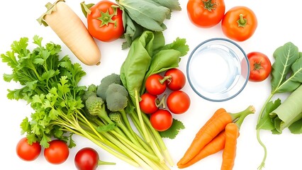 Fresh vegetables and water glass arranged for wellness.