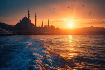 Magnificent seascape view of buildings with domes and minarets silhouetted against a vivid sunset