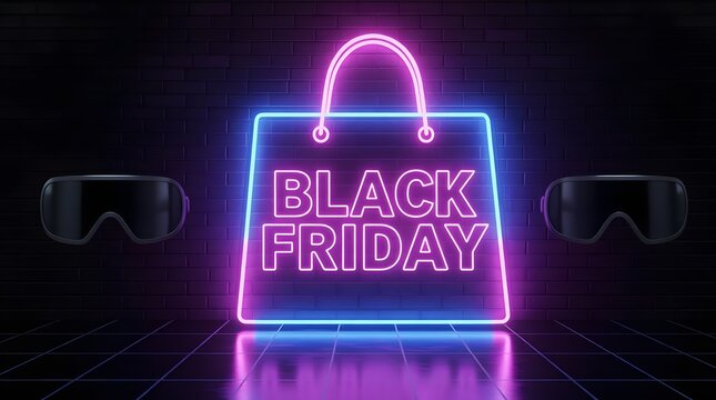 A neonlit black friday shopping bag shines amidst virtual reality headsets, creating a futuristic retail atmosphere with a glowing grid floor and dark background