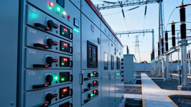 Medium shot at an urban substation with hightech equipment and automated switches enhancing energy reliability and grid responsiveness.
