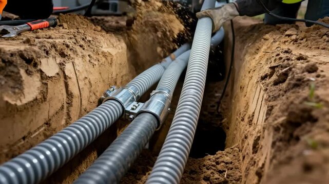 Closeup on hands securing flexible conduits in a trenchless borehole for efficient underground cable management and infrastructure development.