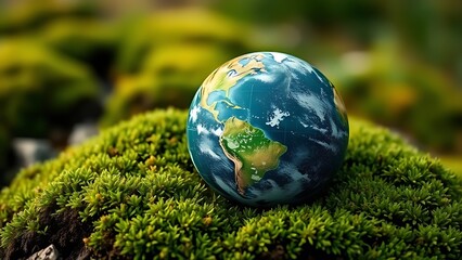 Green planet Earth globe resting on natural moss, environmental conservation theme.