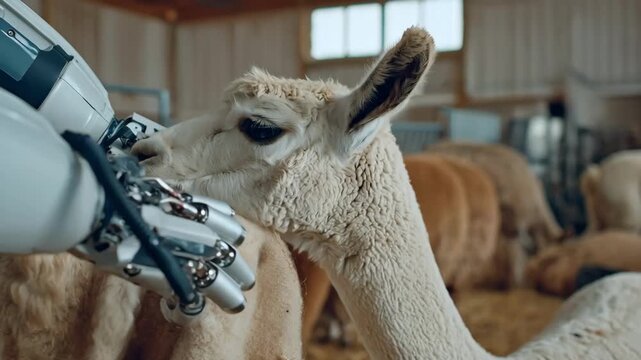 Closeup medium shot of robotic arms shearing soft fleece from a calm alpaca demonstrating advanced automation in livestock care.