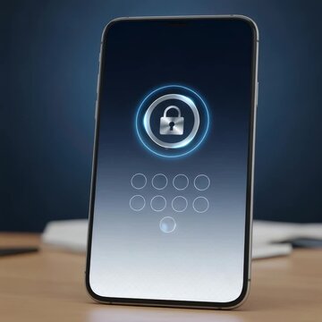 Digital phone displays security lock and virtual keypad for password entry on screen. Cyber security, data protection.