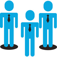 Three blue stick figures wearing black ties and standing in a row on black oval shapes against a transparent background illustrating teamwork and business concepts