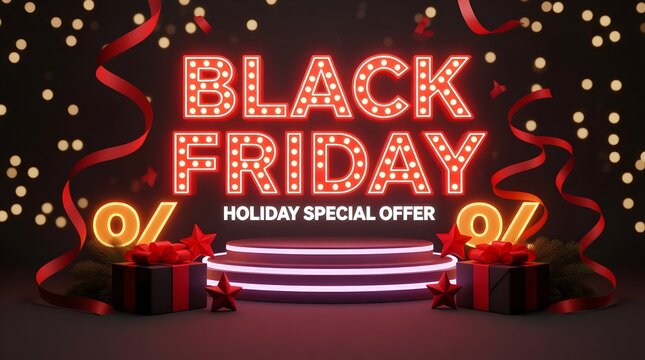 A vibrant black friday promotional scene featuring a neon sign, podium, gifts, and ribbons, set against a bokeh background, perfect for holiday sales and marketing