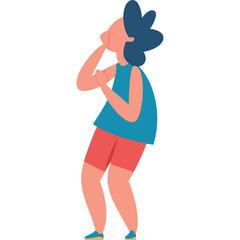 Woman in teal tank top and coral shorts clutches face in distress against a pure white background isolated cutout of a cartoon character in distress with blue hair and open mouth in anguish
