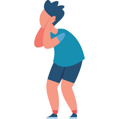 Young Person Covering Ears While Squinting Eyes Wearing Blue T Shirt and Navy Shorts with Red Accents on Ankles and Blue Shoes Against a White Background