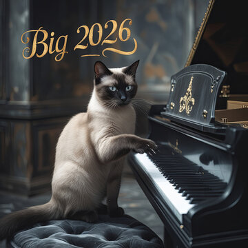 Un chat pianiste aristocrate joue sur un grand piano lors d&rsquo;un &eacute;v&eacute;nement musical sophistiqu&eacute; c&eacute;l&eacute;brant l&rsquo;ann&eacute;e 2026 avec humour et &eacute;l&eacute;gance.

