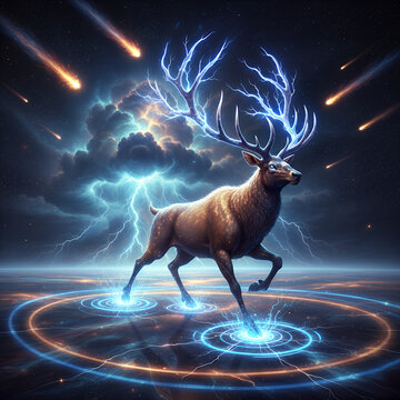 Thunderlight Stag &ndash; Glowing antlered deer striking lightning with hooves in a dark celestial storm
