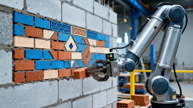 Medium shot capturing robotic bricklayer following complex pattern designs highlighting precision and customization in wall construction.