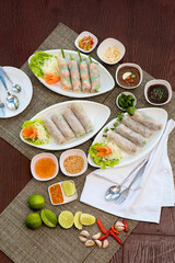 Vietnamese Fresh Spring Rolls with Dipping Sauces and Ingredients