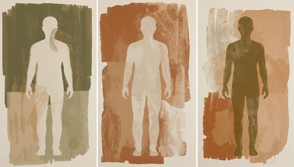 Human silhouette blended into abstract color field shapes, layered brush strokes in olive, clay, and pale stone tones. Soft transitions and implied body forms.