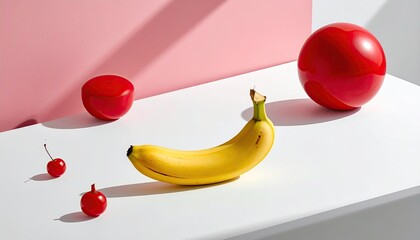 Still life composition featuring a yellow banana and three red spherical objects on a white surface with a pink background casting soft shadows studio lighting