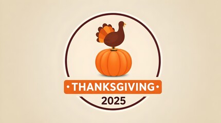 A festive thanksgiving 2025 logo featuring a turkey perched atop a pumpkin, encircled by a brown ring, all set against a soft beige background