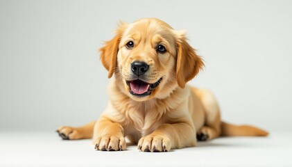 Golden Retriever puppy lies down, looking playful, isolated , golden retriever, golden, playful pup