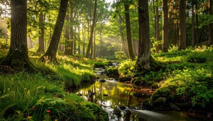 Obraz premium Sunlight Streams Through Lush Forest Revealing a Gentle Creek Winding Through Moss Covered Rocks and Tiny Wildflowers Bathed in Golden Hour Light