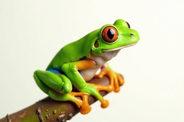 Green tree frog perched on white background, vibrant skin , bright, reptile, white background