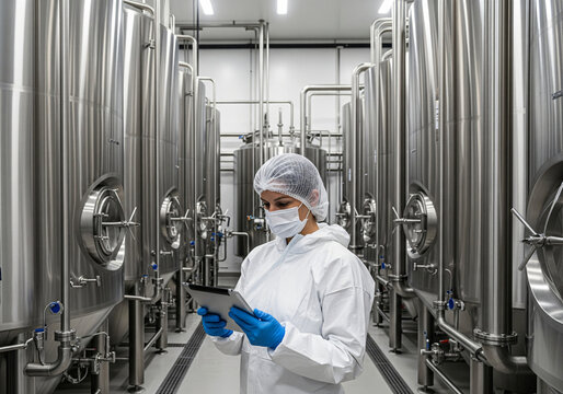 Pharmaceutical factory workers wearing lab coats, hairnets, face masks, and gloves are operating a bottling machine producing medication or vaccine vials. - Powered by Adobe