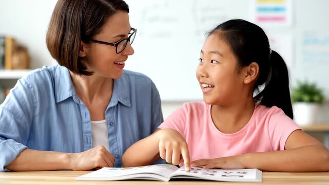 Teacher and student reading together in a classroom, focused on learning and education.