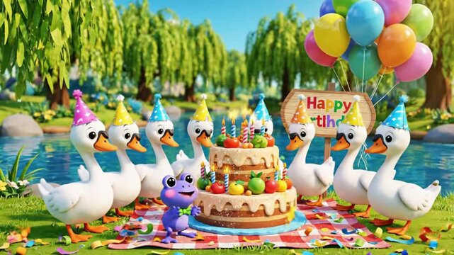 Happy cartoon scene of swans having a birthday celebration near the water, suitable for kids&rsquo; party animation and learning.