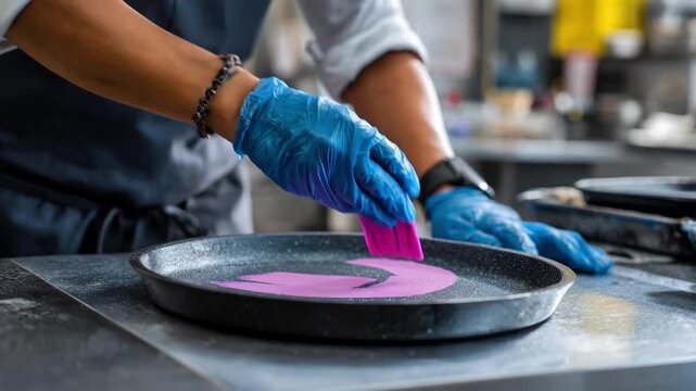 Closeup of a technician applying PTFE nonstick coating on a metal pan highlighting the smooth restoration of worn cooking surfaces in a clean workshop environment.