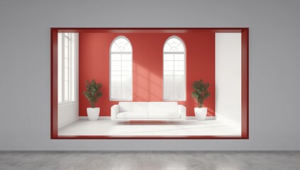 Blank red poster on white wall, sofa, concrete floor and big win