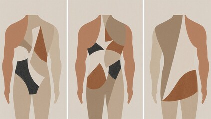 Human body forms broken into geometric fragments across three panels. Triangles, arcs, and abstract curves form torsos and limbs in muted terracotta, charcoal gray, and cream tones.