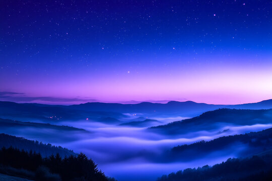 Deep purple and blue mist covering valley under moonlit sky
