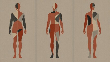 Human body forms broken into geometric fragments across three panels. Triangles, arcs, and abstract curves form torsos and limbs in muted terracotta, charcoal gray, and cream tones.