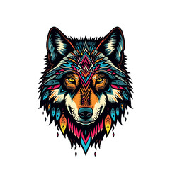 generative AI illustration of a wolf head in a brightly colored geometric tribal style.