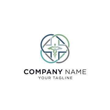 Medical symbol logo design with caduceus and cross shape for healthcare.