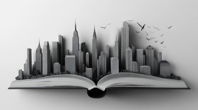 Cityscape rises from an open book, with flying birds